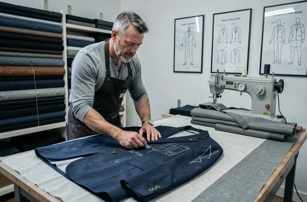 Tailleur traçant au crayon de tailleur sur une veste posée sur une table de coupe dans l'atelier AB Couture à Aix-en-Provence