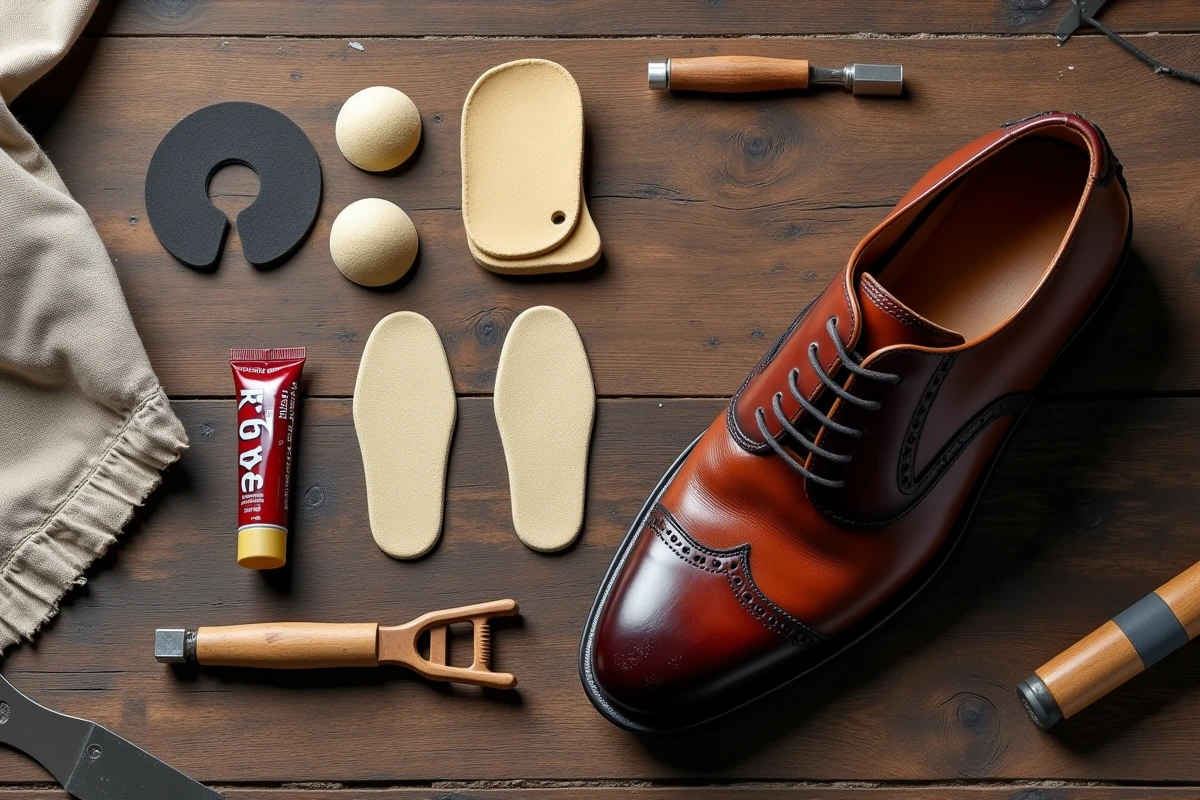 Vue en plongée des accessoires de cordonnerie pour corriger une semelle de chaussure trop grande posés sur bois brut