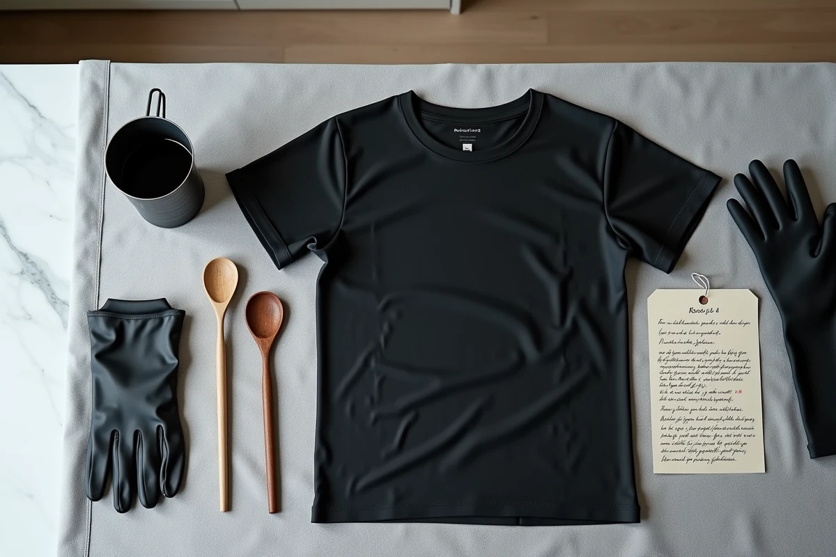 Flat lay des accessoires nécessaires pour teindre un vêtement en noir à la maison