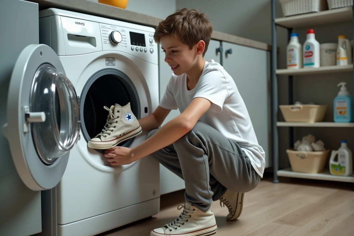 Adolescent plaçant ses chaussures sales dans la machine à laver