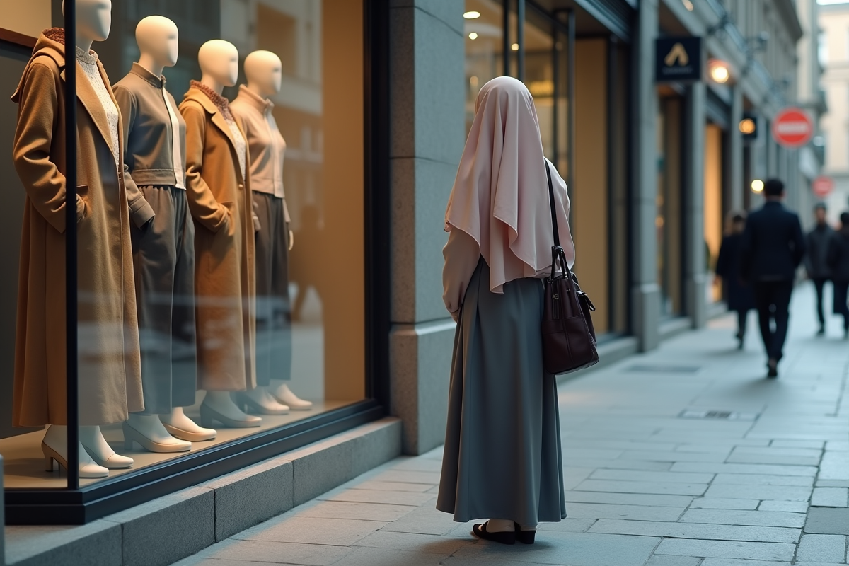 Adolescente regardant une vitrine de mode conservatrice