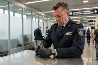Agent des douanes françaises inspectant une montre de luxe contrefaite à un poste de contrôle d'aéroport international