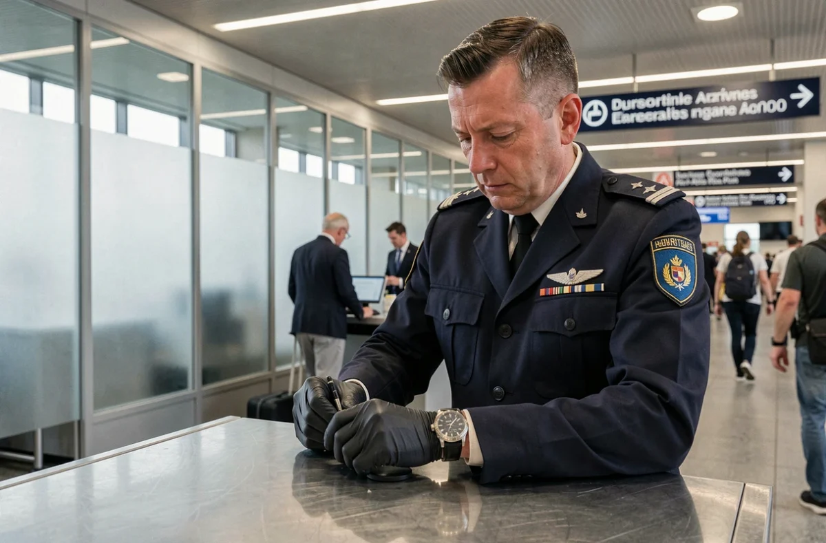 Agent des douanes françaises inspectant une montre de luxe contrefaite à un poste de contrôle d'aéroport international