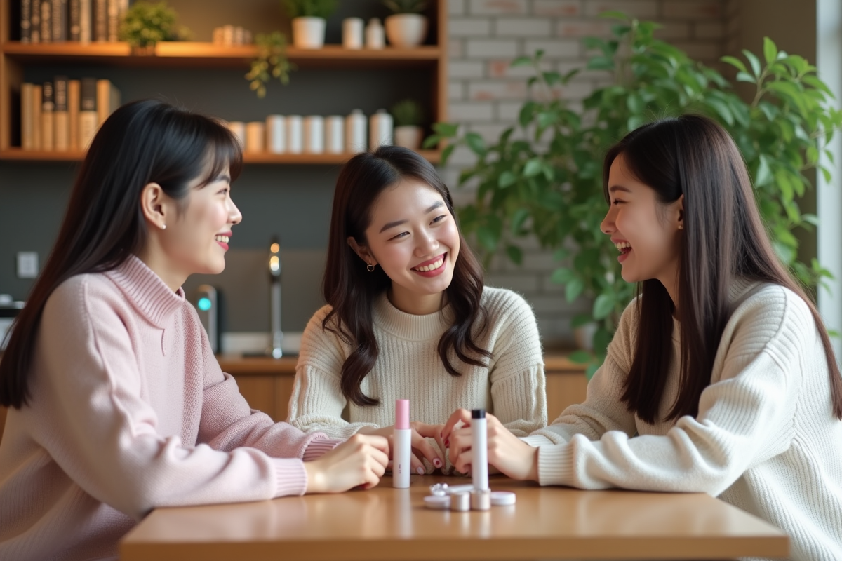 Trois femmes coréennes discutant de soins de peau au café