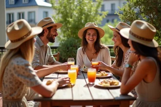 Groupe d'amis souriants sur une terrasse parisienne en été