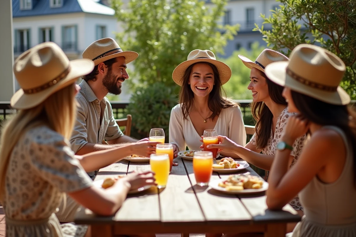 Groupe d'amis souriants sur une terrasse parisienne en été