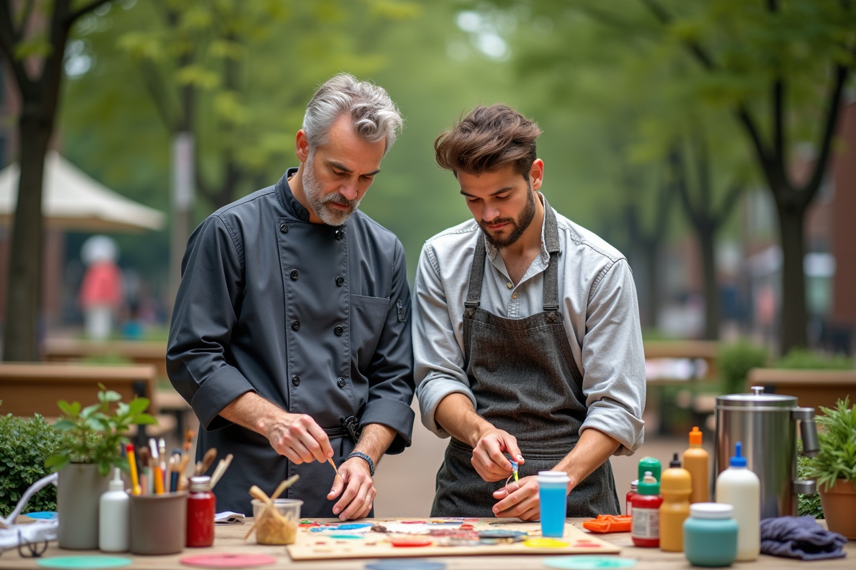 Deux hommes créatifs assemblant une vitrine d