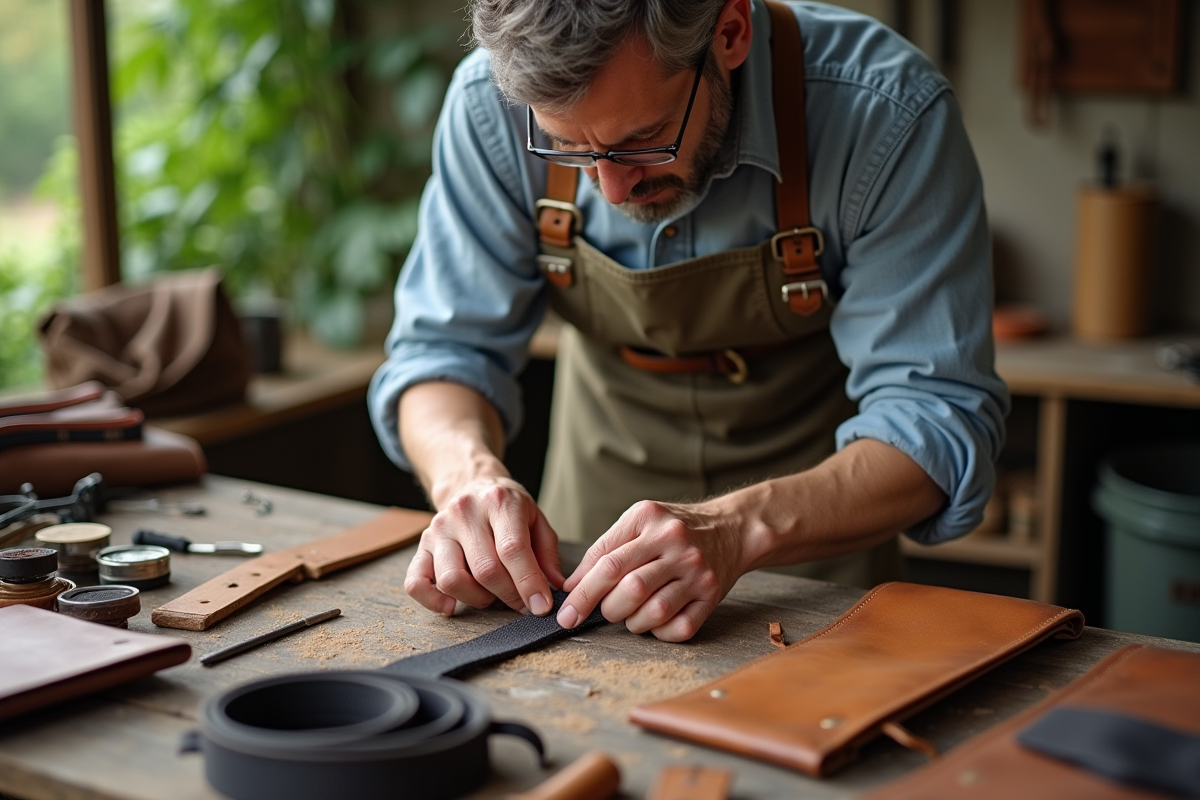 Artisan en extérieur assemble une sangle de sac avec outils et matériaux
