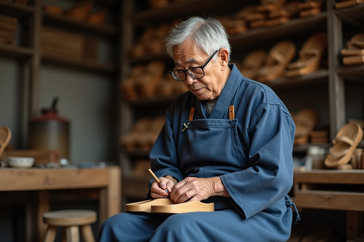 Artisan japonais âgé sculptant une geta traditionnelle en bois dans son atelier avec des outils à main traditionnels