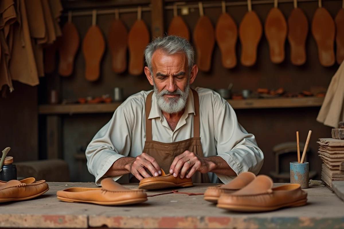 Artisan maroquinier marocain inspectant une babouche en cuir artisanale dans un atelier traditionnel de médina