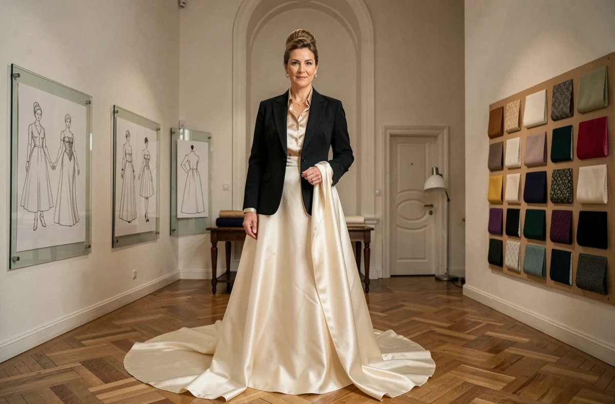 Créatrice haute couture drapant du satin ivoire sur un mannequin dans l'atelier boulevard Vauban à Marseille 6e