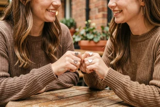 Deux amies portant chacune une moitié de bague cœur magnétique BFF qui s'assemblent en pressant leurs mains l'une contre l'autre à une table de café en bois