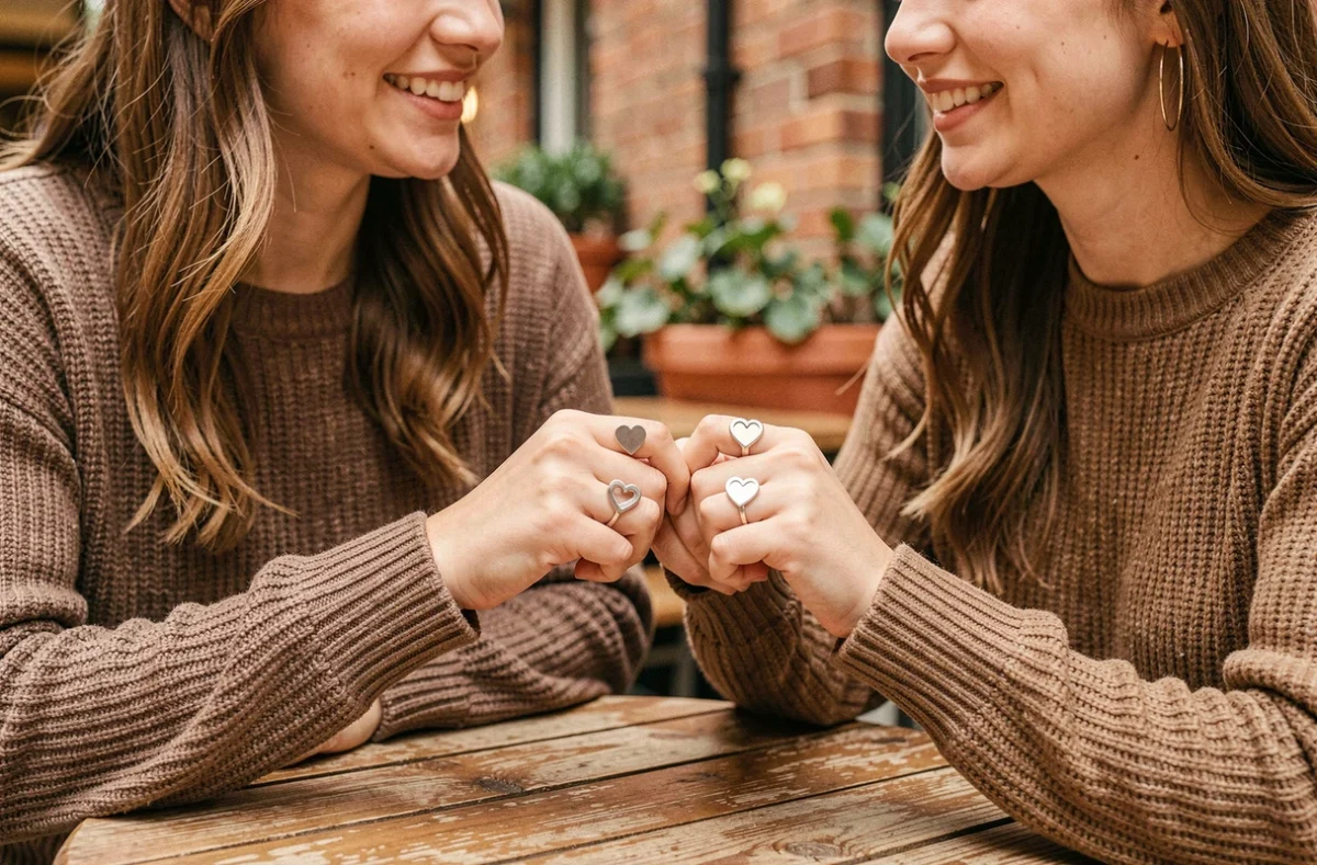 Deux amies portant chacune une moitié de bague cœur magnétique BFF qui s'assemblent en pressant leurs mains l'une contre l'autre à une table de café en bois