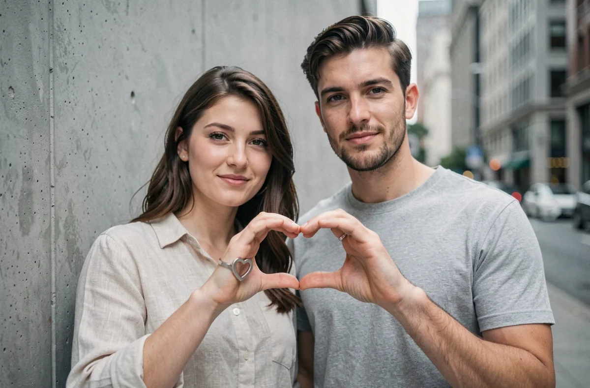 Couple portant les deux moitiés d'une bague cœur magnétique assortie, mains levées côte à côte pour montrer comment les anneaux s'assemblent en forme de cœur complet