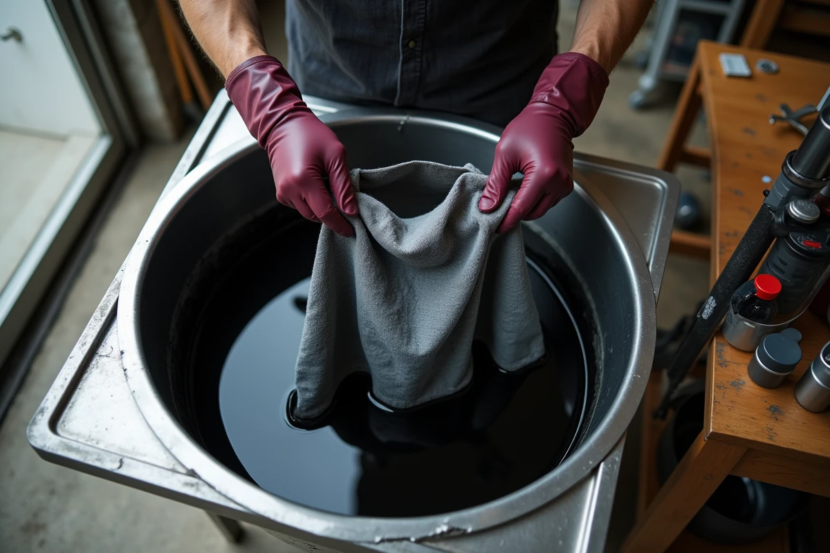 Mains gantées plongeant un vêtement dans un bain de teinture noire dans un évier utilitaire