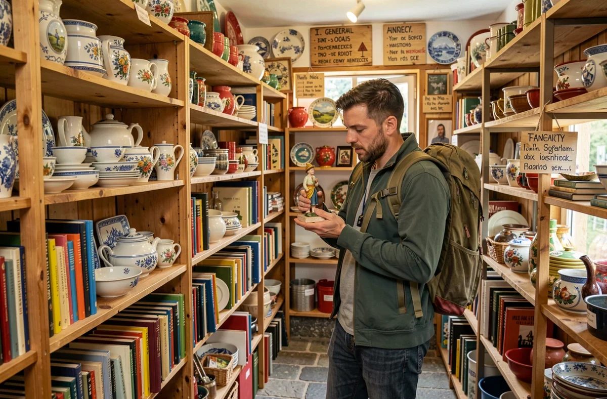 Boutique Bazar Sans Frontières à Annecy avec une sélection éclectique d'objets vintage du monde entier sur des étagères colorées