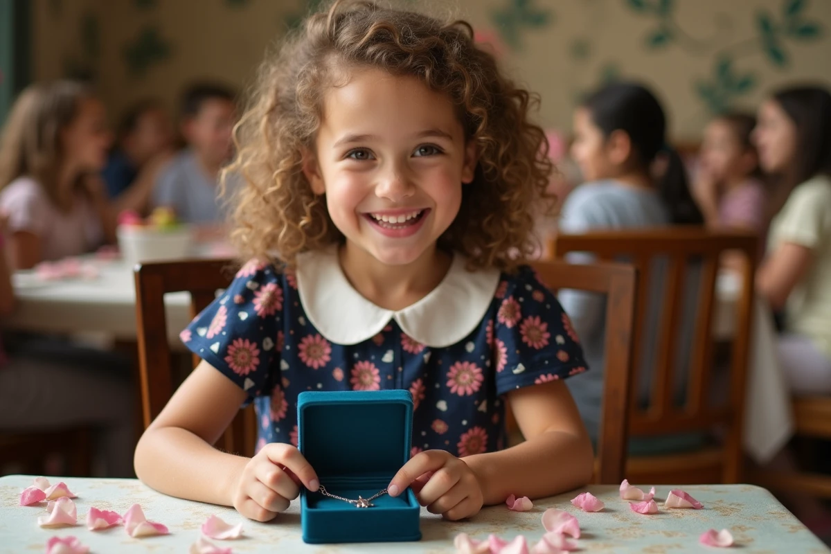 Petite fille découvrant un collier en argent dans un écrin lors de son anniversaire en famille