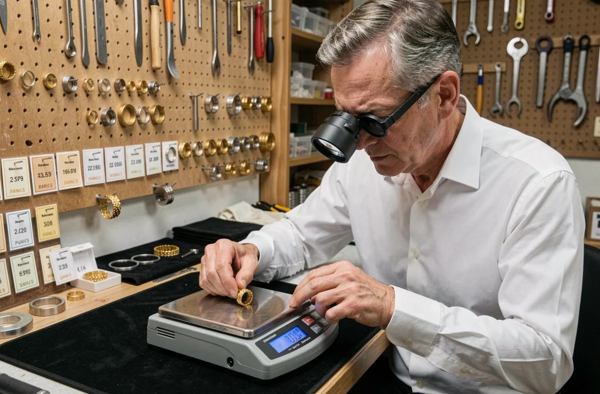 Bijoutier professionnel pesant un bracelet en or sur une balance de précision dans un atelier avec outils et grilles de pureté en arrière-plan
