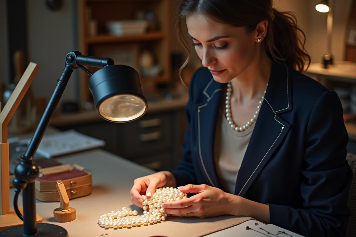 Bijoutière professionnelle examinant un collier de perles blanches à la loupe dans un atelier de joaillerie