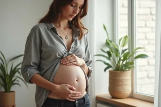 Femme enceinte discrète portant un bola de grossesse sous un chemisier en lin gris dans un intérieur minimaliste