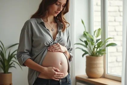Femme enceinte discrète portant un bola de grossesse sous un chemisier en lin gris dans un intérieur minimaliste