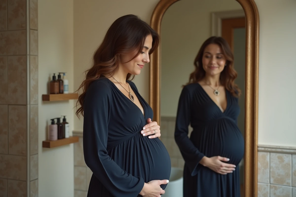 Femme enceinte observant son bola de grossesse devant un miroir de salle de bain, ambiance intime et discrète