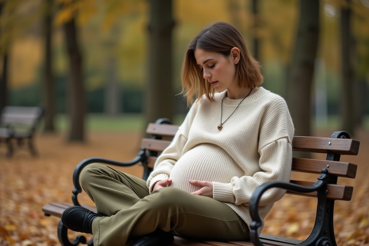 Future maman assise dans un parc en automne avec un bola de grossesse en pendentif, tenue sobre et naturelle