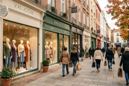 Vue d'une rue commerçante animée dans le Val-d'Oise avec des boutiques de prêt-à-porter féminin et des vitrines colorées