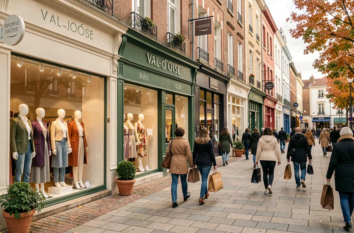 Vue d'une rue commerçante animée dans le Val-d'Oise avec des boutiques de prêt-à-porter féminin et des vitrines colorées