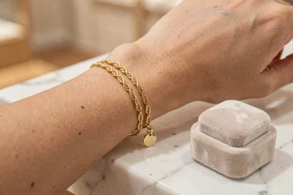 Bracelet femme en or fin avec chaîne torsadée et pendentif posé sur un écrin en velours et marbre blanc