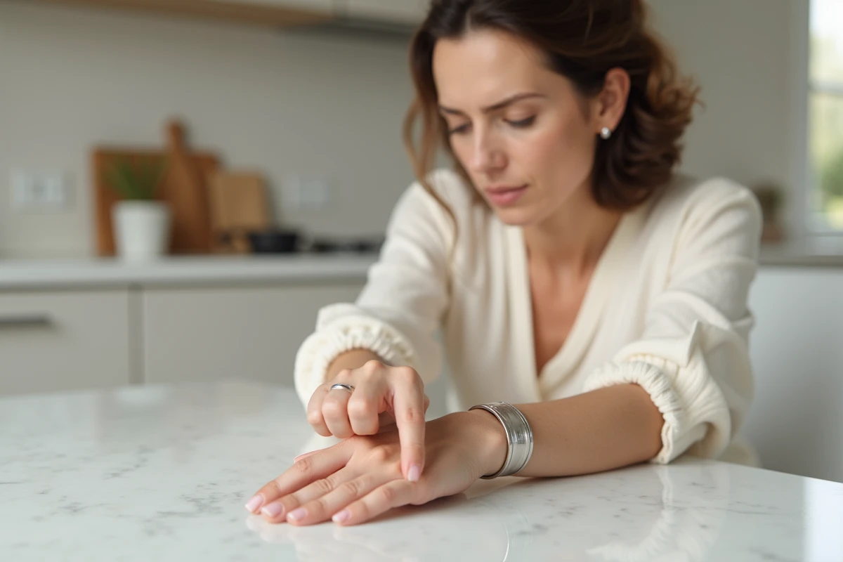 Femme portant un large bracelet en argent sterling sur une peau sensible, posé sur une table en marbre blanc dans une cuisine moderne
