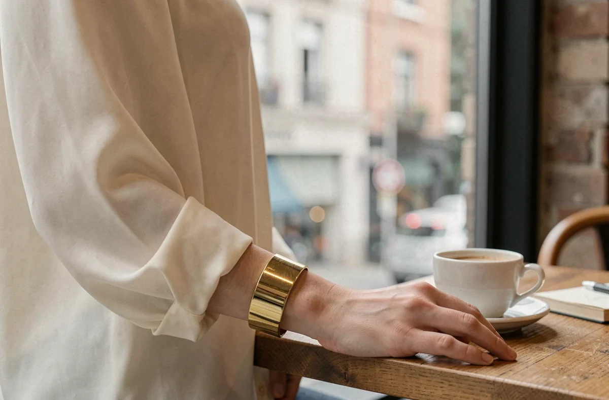 Femme portant un large bracelet manchette en or avec une blouse en soie crème dans un café urbain