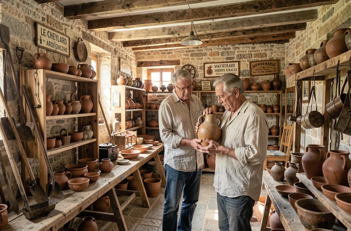 Intérieur de la Brocante de l'Ardèche au Cheylard avec des outils anciens, poteries et meubles rustiques dans un cadre de ferme en pierre