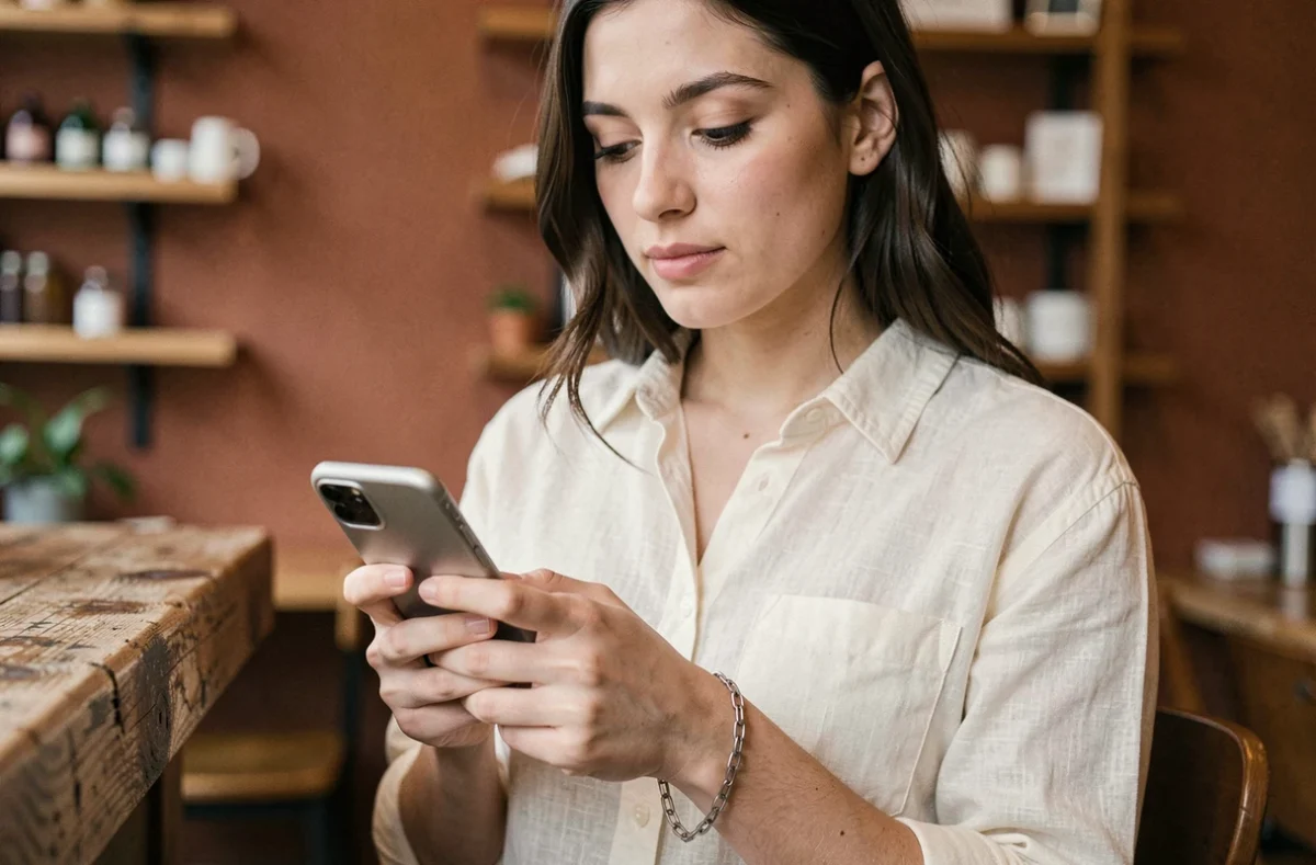 Femme portant une chaîne de téléphone en acier inoxydable autour du poignet dans un café