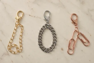 Trois chaînes pour téléphone portable en or, argent et or rose disposées en flat lay sur marbre blanc