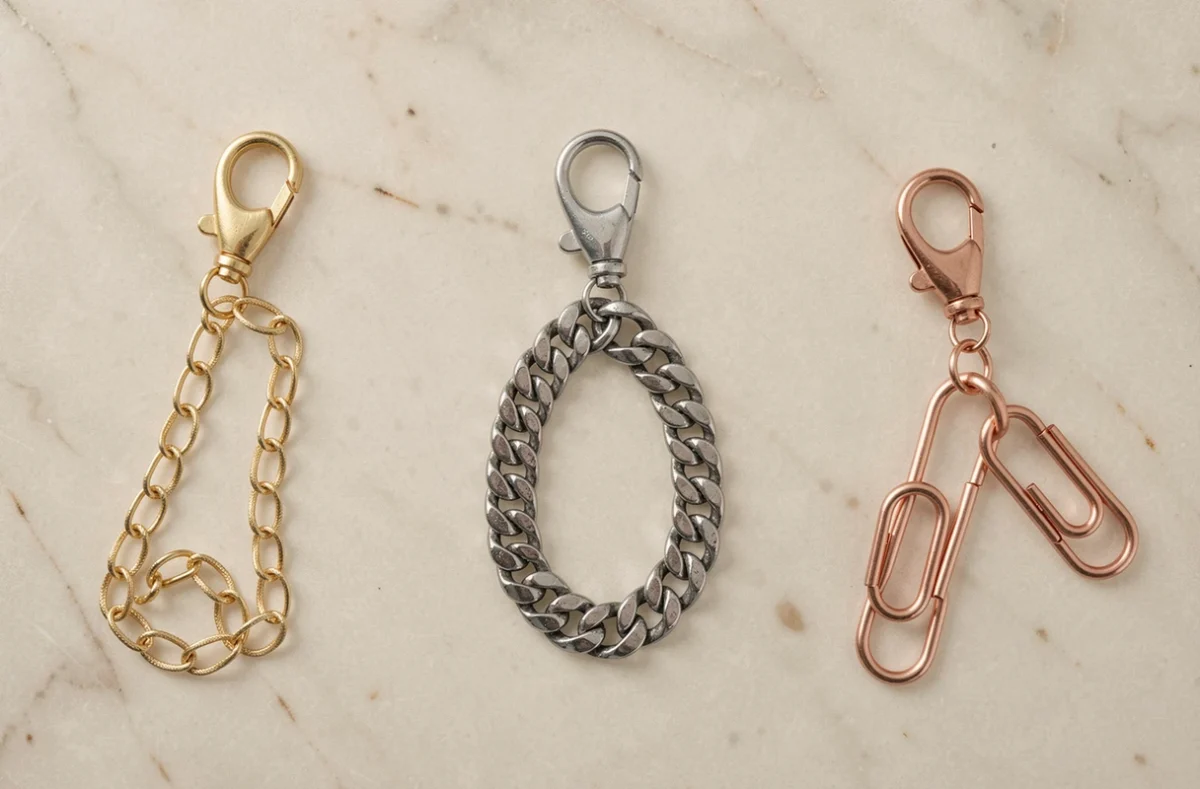 Trois chaînes pour téléphone portable en or, argent et or rose disposées en flat lay sur marbre blanc