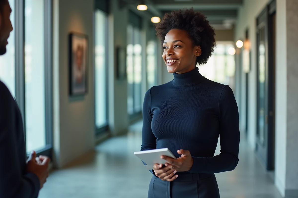 Femme cadre noire aux cheveux naturels en discussion professionnelle devant une salle de réunion vitrée dans un immeuble moderne, symbolisant une carrière accomplie sans stéréotypes