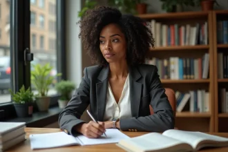Femme professionnelle noire en blazer charcoal travaillant à son bureau dans un bureau à domicile chaleureux, illustrant le parcours et la carrière de Charla Carter