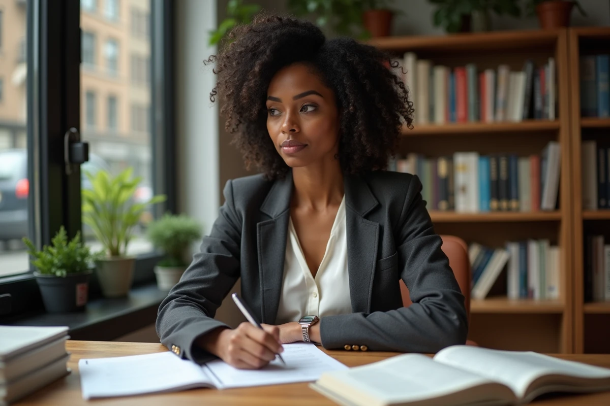 Femme professionnelle noire en blazer charcoal travaillant à son bureau dans un bureau à domicile chaleureux, illustrant le parcours et la carrière de Charla Carter