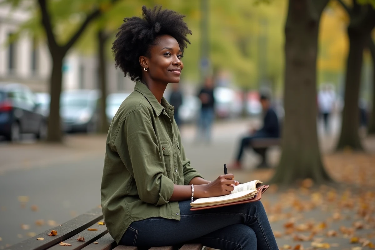Femme noire pensive écrivant dans un journal en plein air sur un banc de parc urbain, évoquant la réflexion personnelle et le cheminement authentique d'une carrière sans clichés