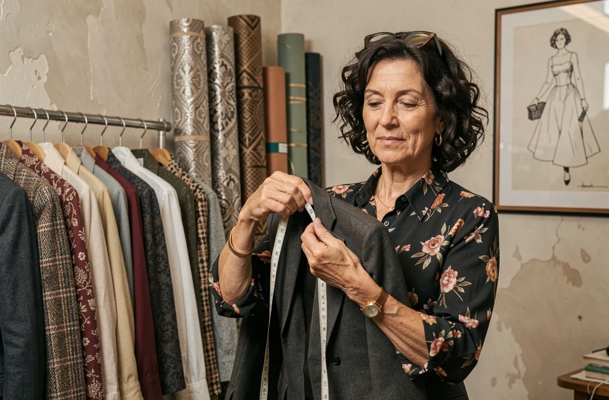 Couturière mesurant une veste de tailleur dans l'atelier Claudia Couture à Marseille