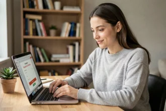 Jeune femme saisissant un code promo Hacoo sur son ordinateur portable lors d'un achat en ligne depuis son bureau à domicile