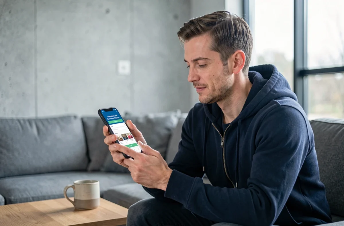 Homme consultant un code promo Hacoo sur son smartphone depuis son canapé dans un salon moderne