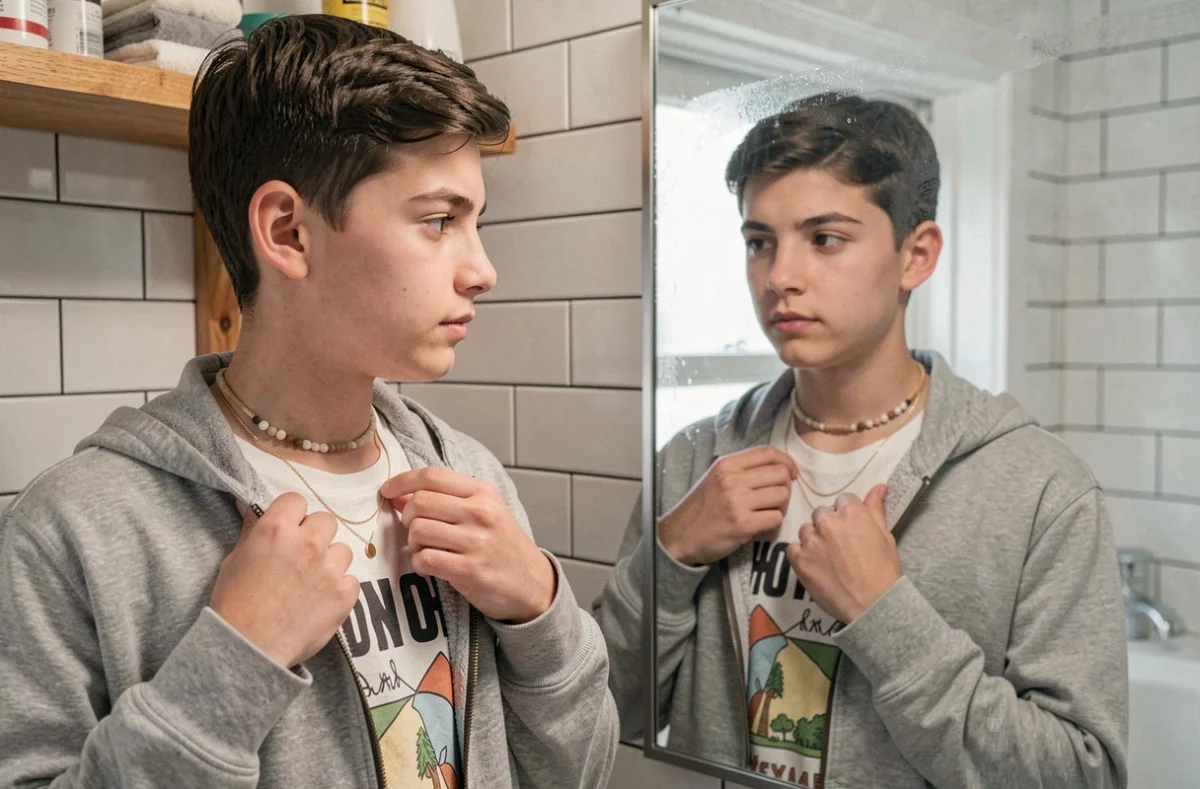 Jeune ado arrangeant ses colliers discrets dorés devant un miroir de salle de bain à la maison