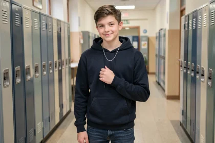 Adolescent portant un collier fin en argent discret avec un sweat marine dans un couloir de collège