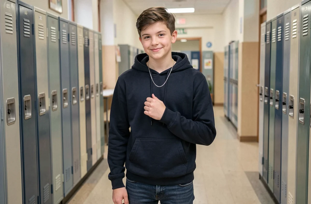 Adolescent portant un collier fin en argent discret avec un sweat marine dans un couloir de collège