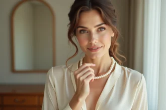 Femme élégante portant un collier de perles blanches et inspectant une perle entre ses doigts