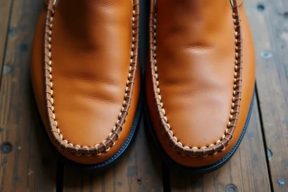 Comparaison côte à côte d'une babouche homme en cuir véritable et en matière synthétique posées sur bois