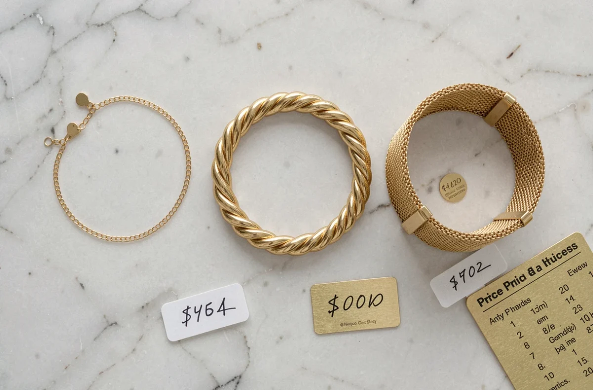 Vue de dessus de trois bracelets en or aux styles différents posés sur marbre blanc avec étiquettes de prix et fiche d'indice du cours de l'or
