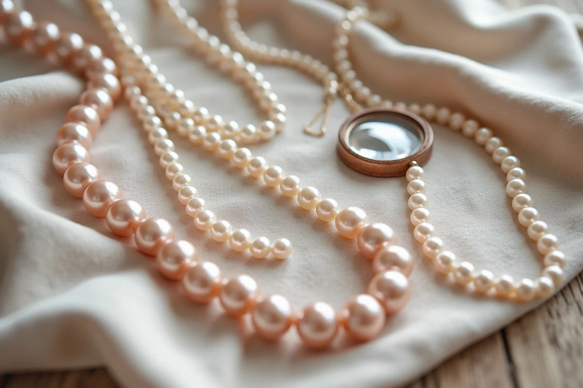 Comparaison de colliers de perles blanches sur velours ivoire pour évaluer leur qualité et leur lustre